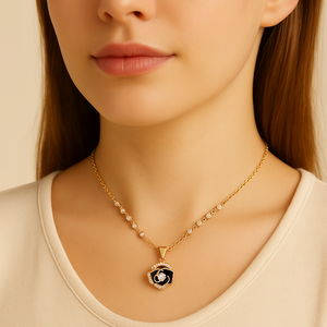 Rose Gold Black Rose Pendant Necklace - PEACORA