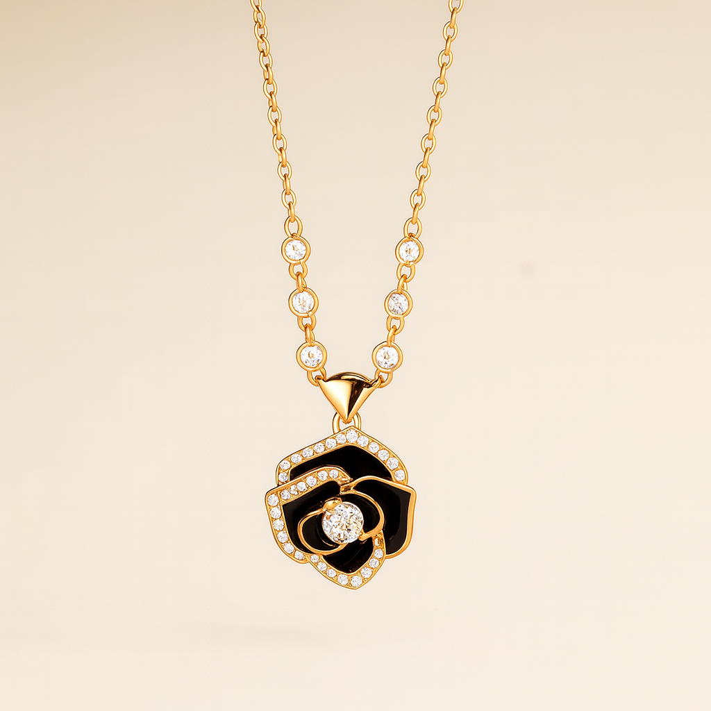 Rose Gold Black Rose Pendant Necklace - PEACORA