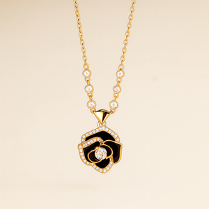 Rose Gold Black Rose Pendant Necklace - PEACORA