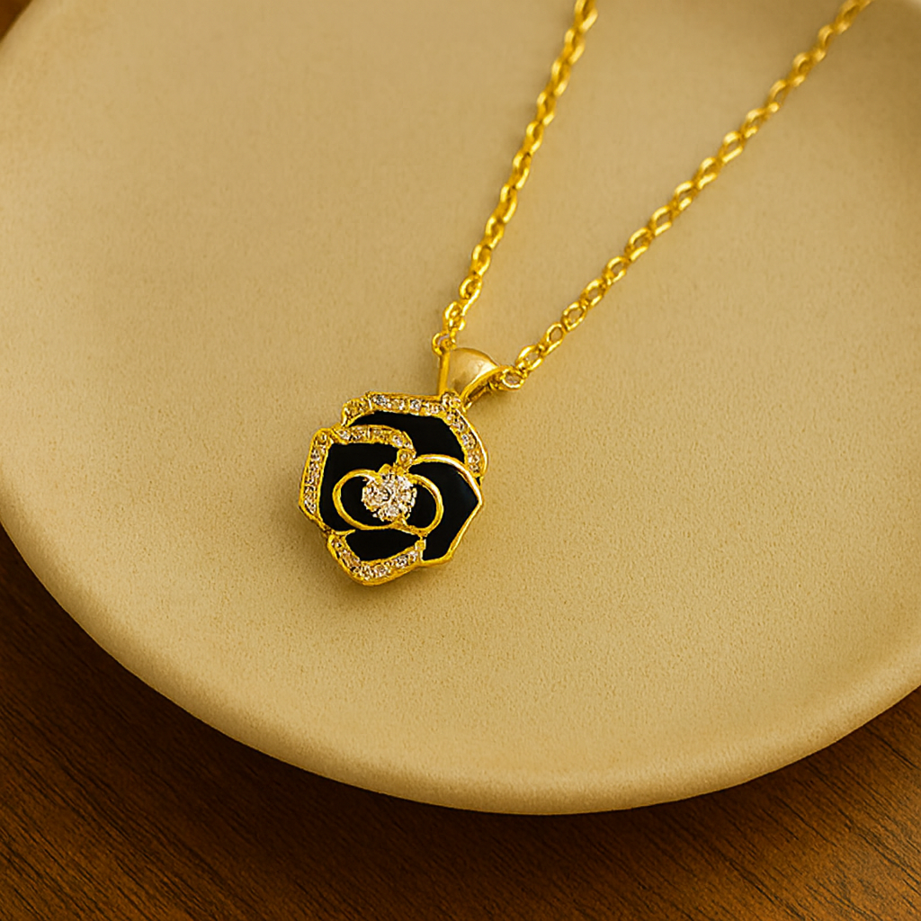 Rose Gold Black Rose Pendant Necklace - PEACORA