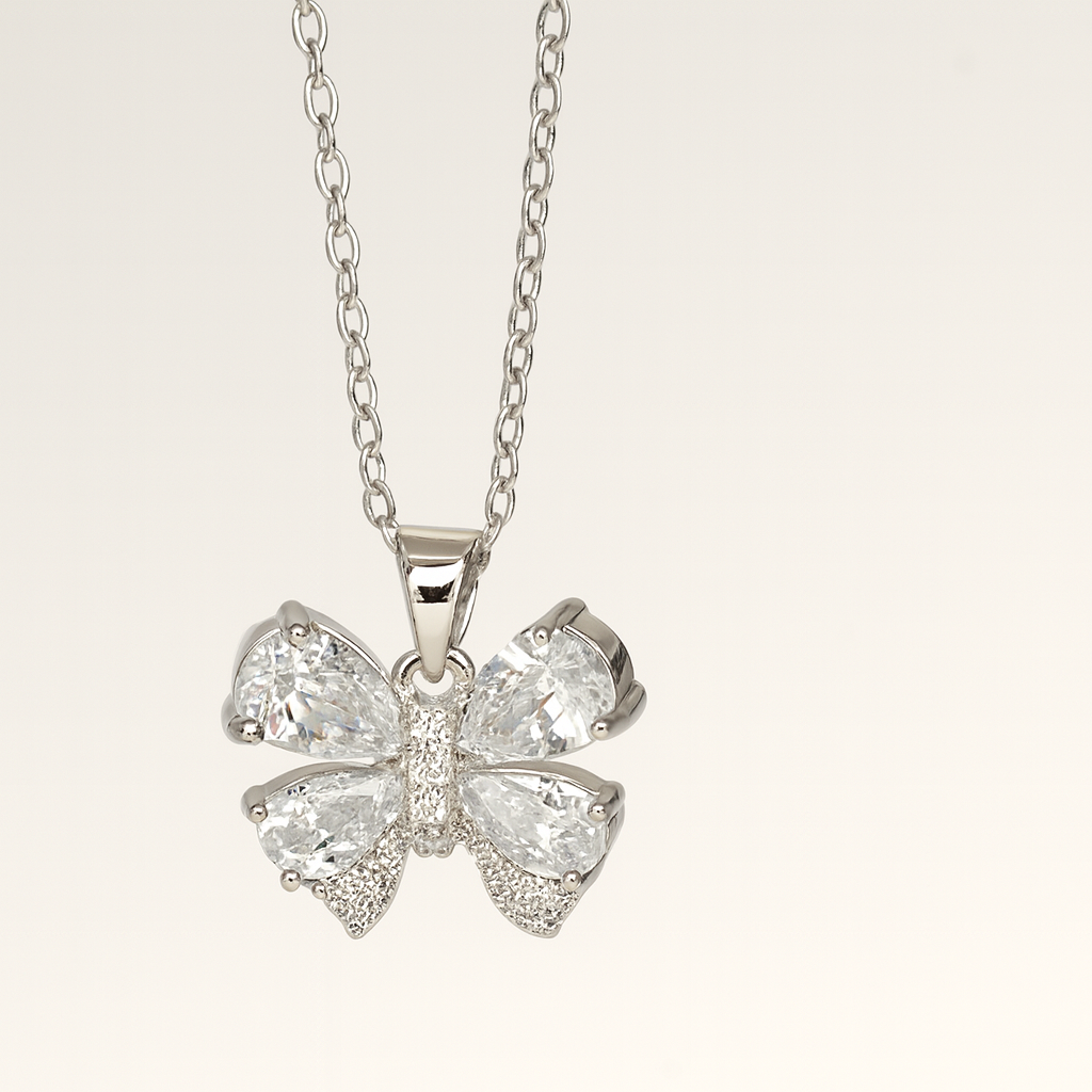 Silver Crystal Butterfly Pendant Necklace - PEACORA
