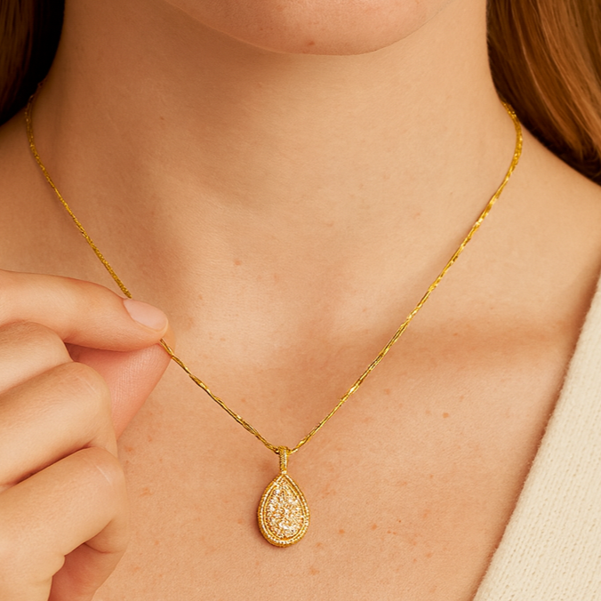 Golden Pavé Teardrop Pendant Necklace - PEACORA