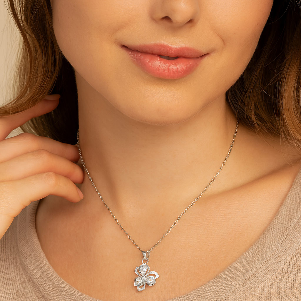 Silver Floral Crystal Pendant Necklace - PEACORA