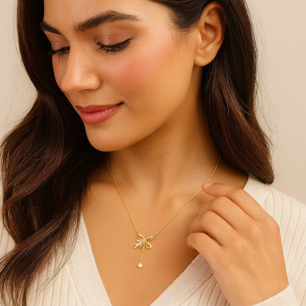Golden Bow Drop Pendant Necklace - PEACORA