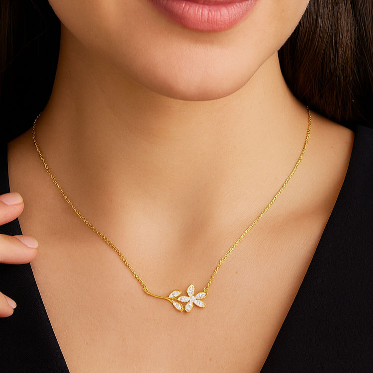 Golden Floral Branch Pendant Necklace - PEACORA