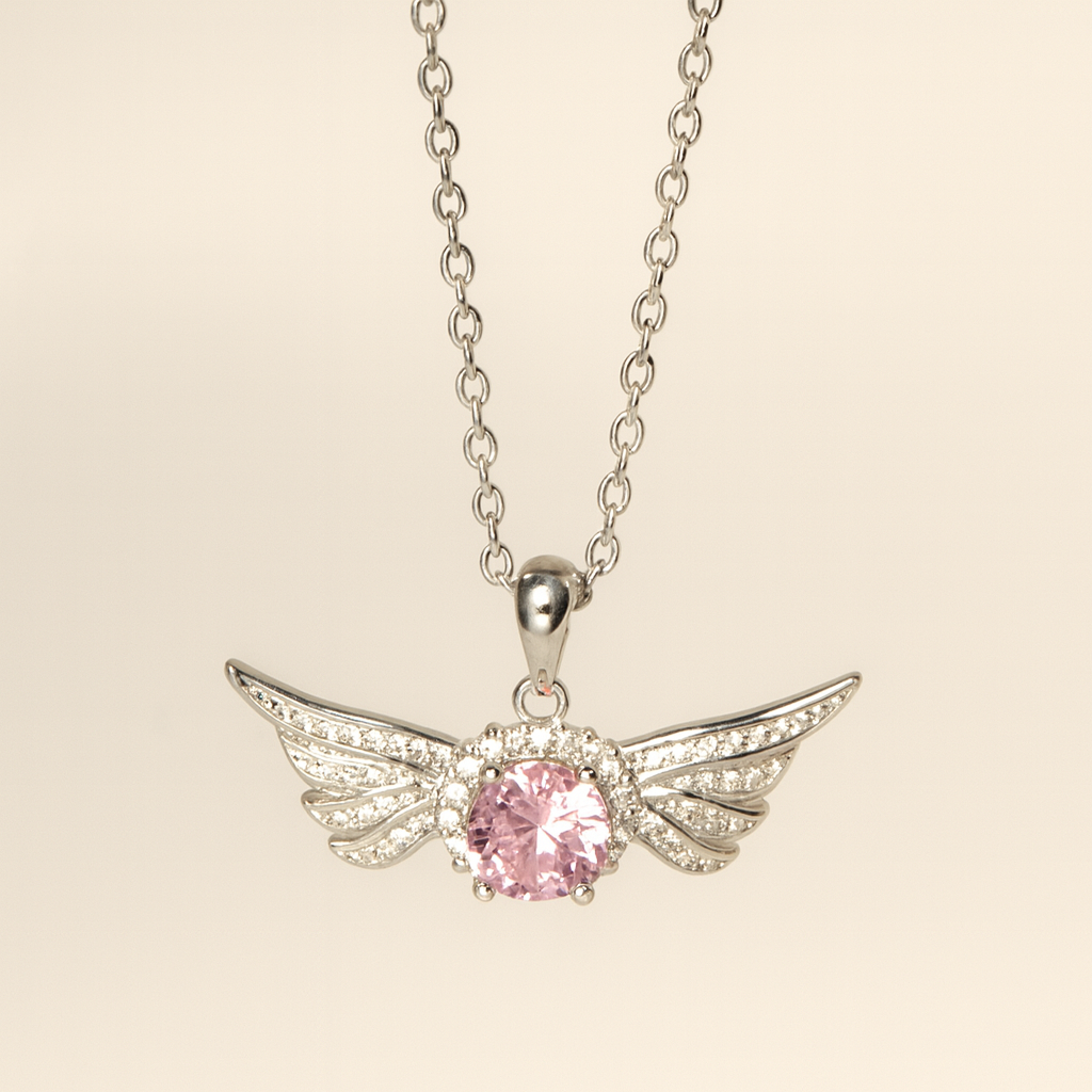 Silver Angel Wing Pink Crystal Necklace - PEACORA
