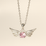 Load image into Gallery viewer, Silver Angel Wing Pink Crystal Necklace - PEACORA
