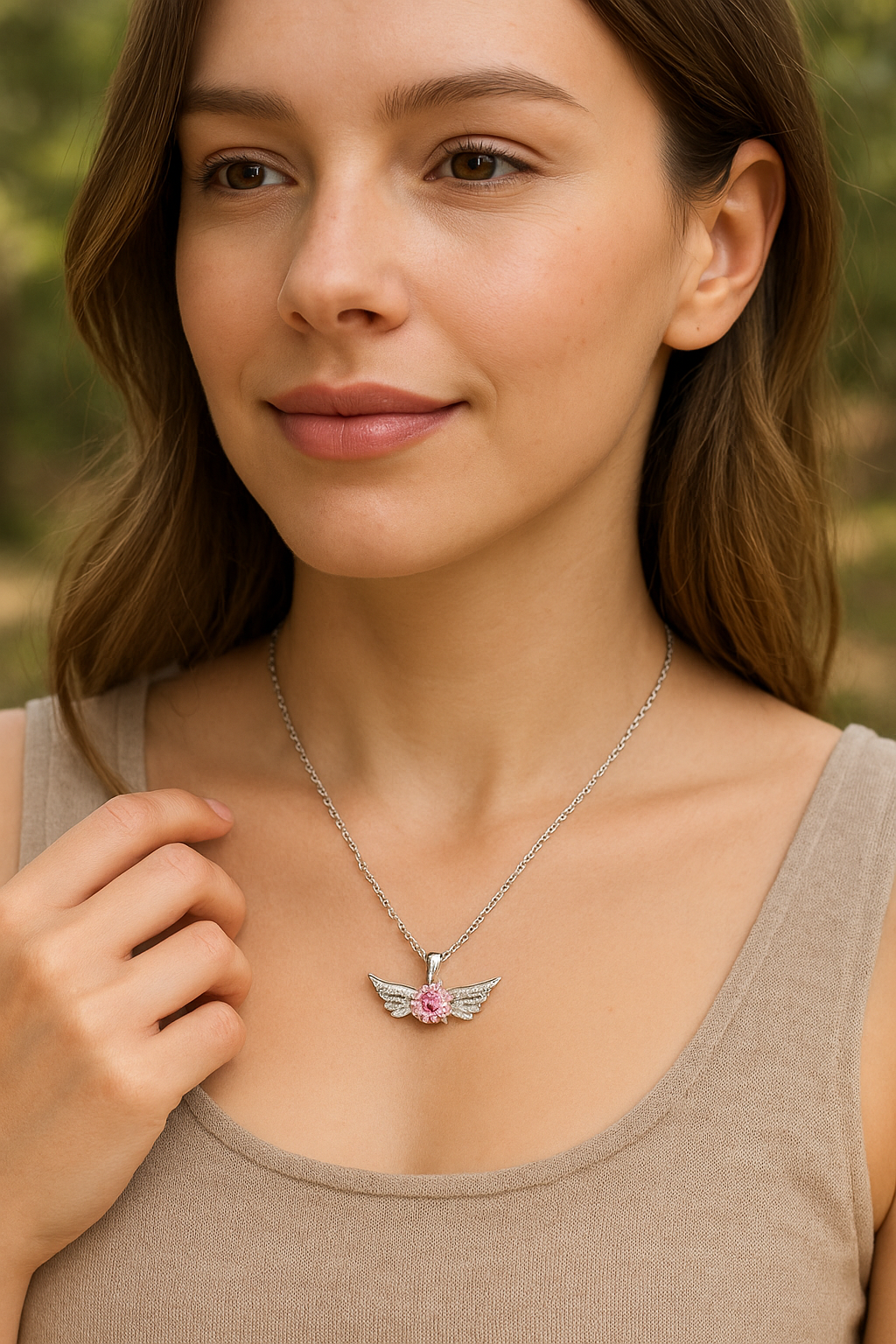 Silver Angel Wing Pink Crystal Necklace - PEACORA