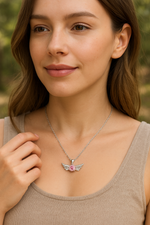 Load image into Gallery viewer, Silver Angel Wing Pink Crystal Necklace - PEACORA
