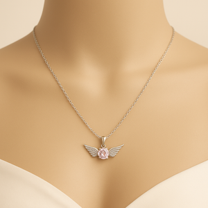Silver Angel Wing Pink Crystal Necklace - PEACORA