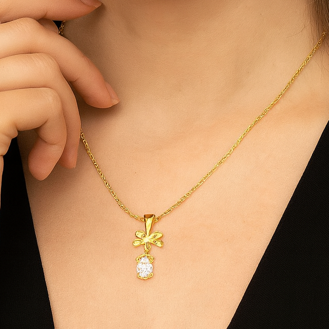 Golden Oval Crystal BOW Pendant Necklace - PEACORA