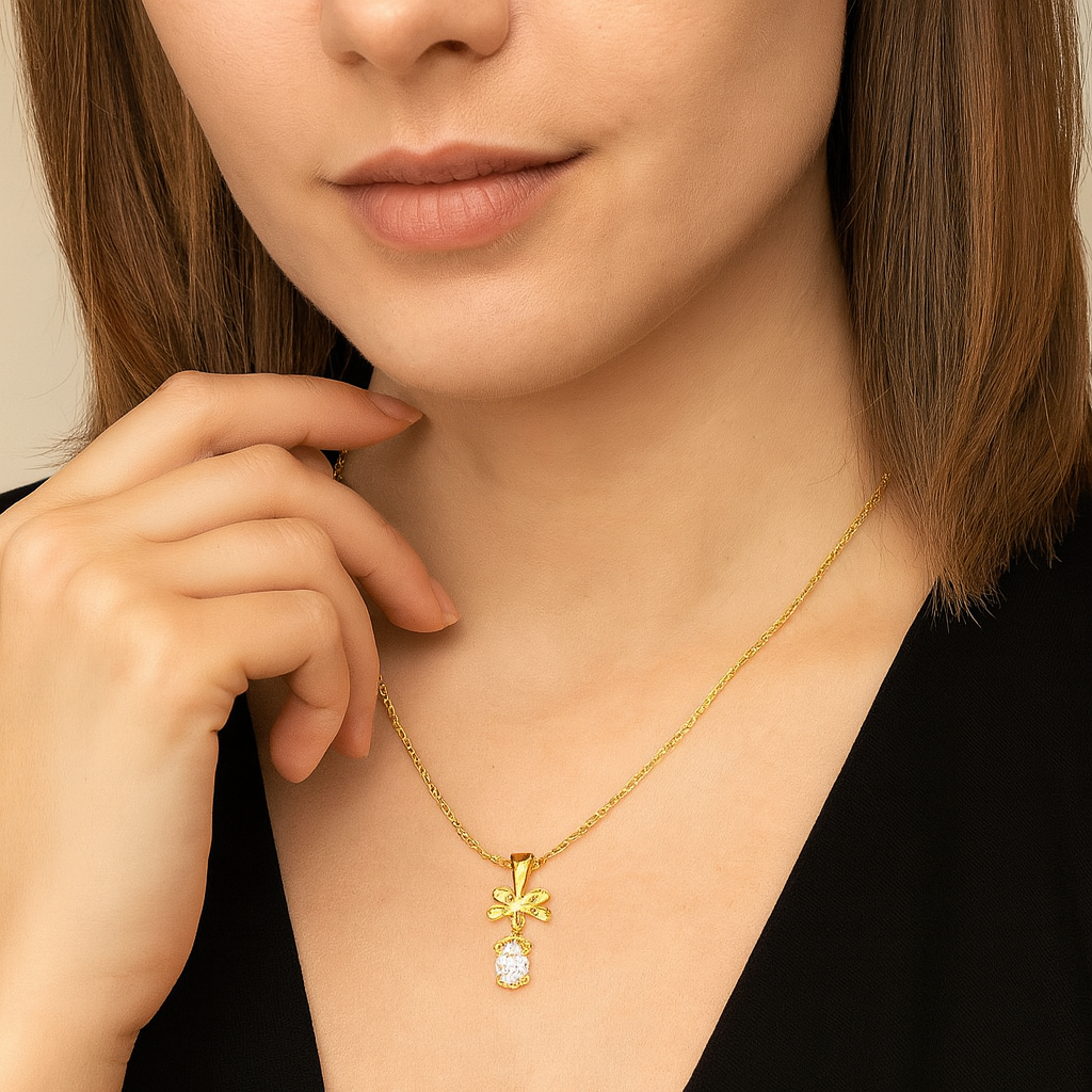 Golden Oval Crystal BOW Pendant Necklace - PEACORA