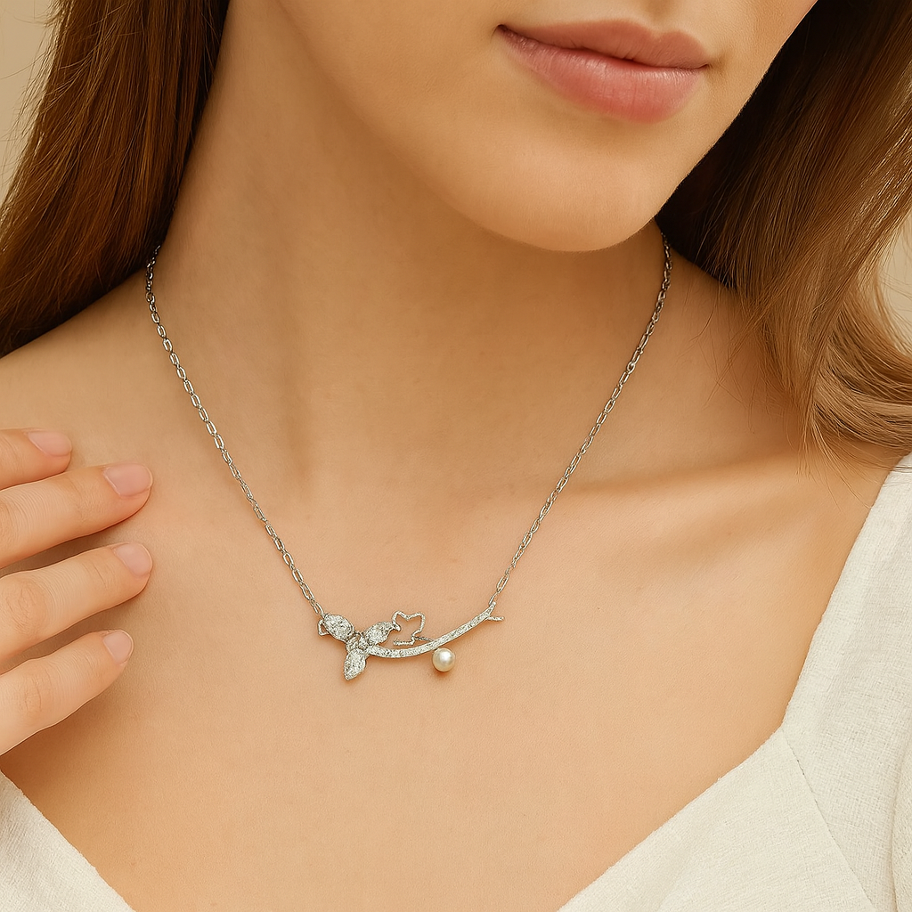 Silver Flower Pearl Necklace - PEACORA