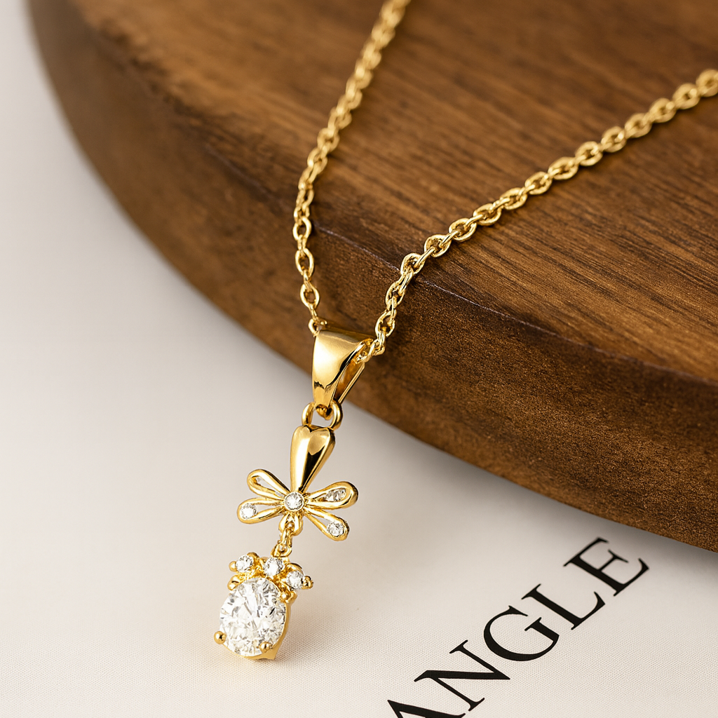 Golden Oval Crystal BOW Pendant Necklace - PEACORA