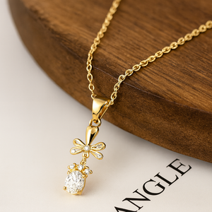 Golden Oval Crystal BOW Pendant Necklace - PEACORA