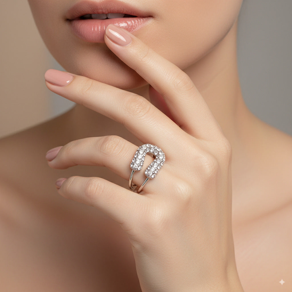 Crystal Horseshoe Open Ring – SIlver Finish Stainless Steel - PEACORA