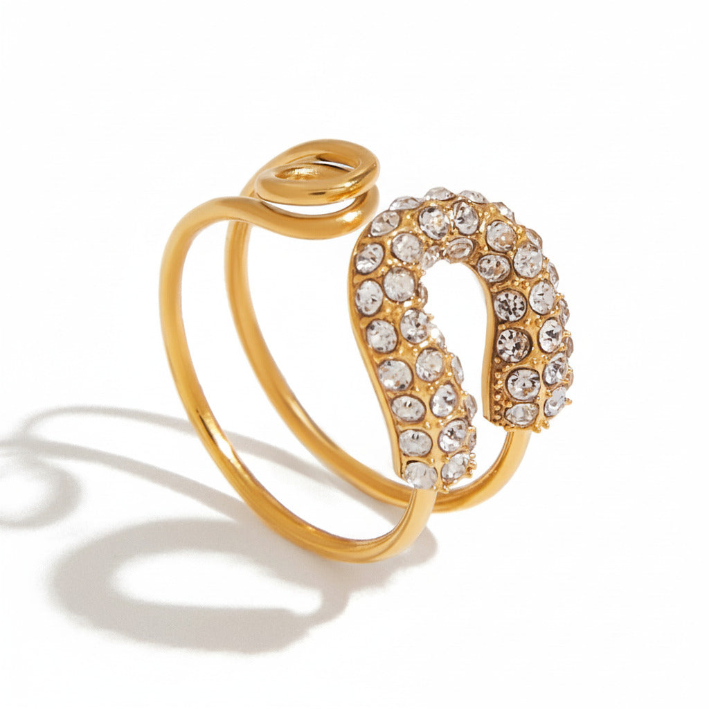 Crystal Horseshoe Open Ring – Gold Finish Stainless Steel - PEACORA