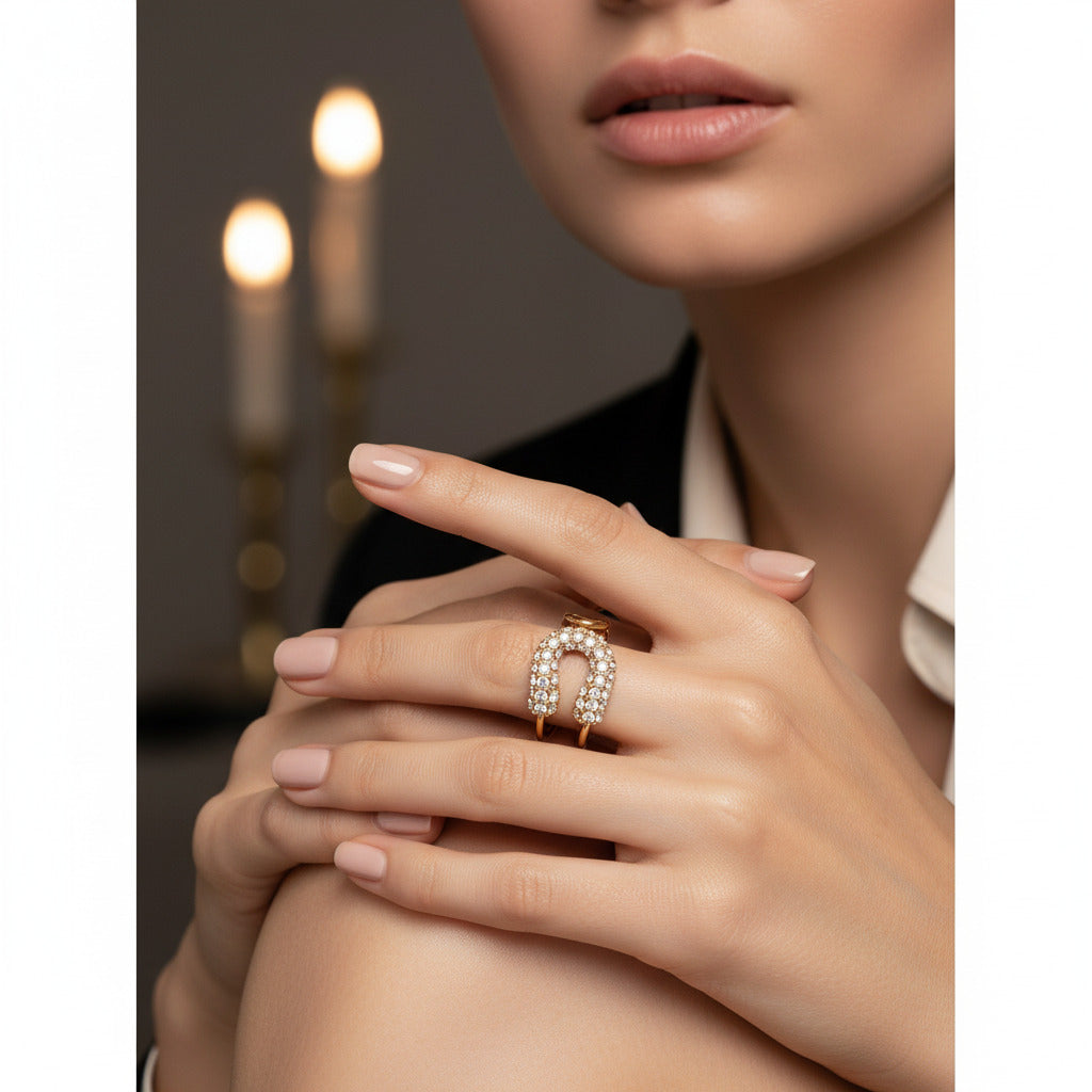 Crystal Horseshoe Open Ring – Gold Finish Stainless Steel - PEACORA