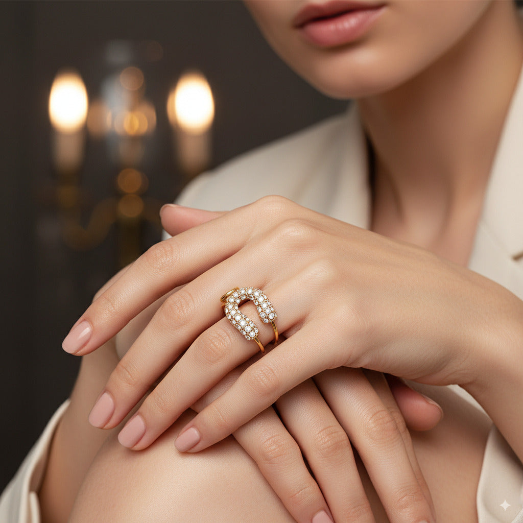 Crystal Horseshoe Open Ring – Gold Finish Stainless Steel - PEACORA