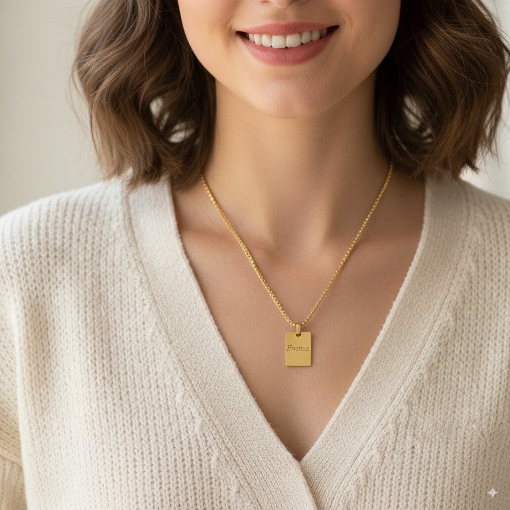 Custom Gold Rectangle Pendant Necklace 