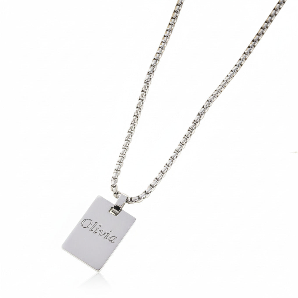 PEACORA Sleek Silver Rectangle Tag Pendant Necklace