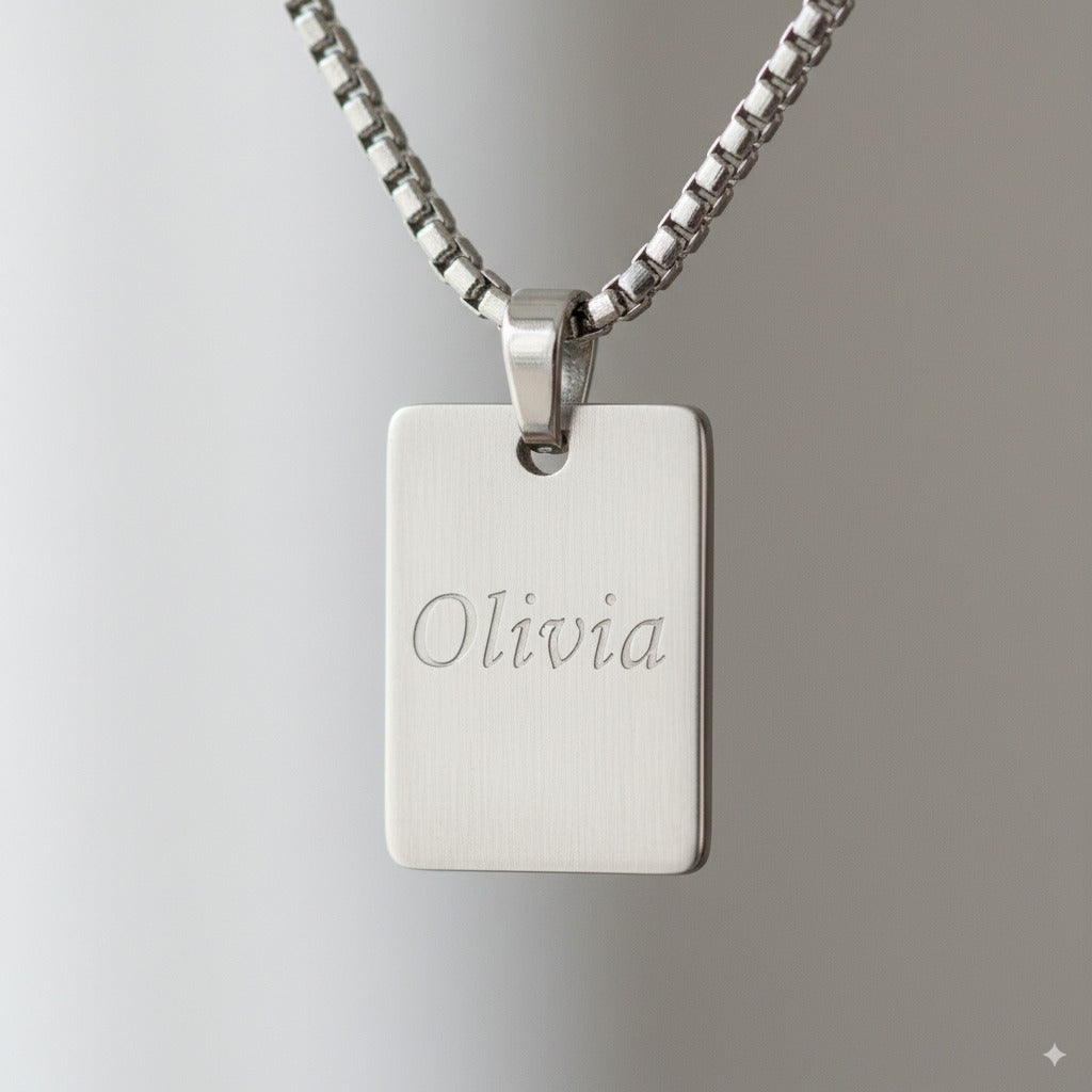 PEACORA Sleek Silver Rectangle Tag Pendant Necklace
