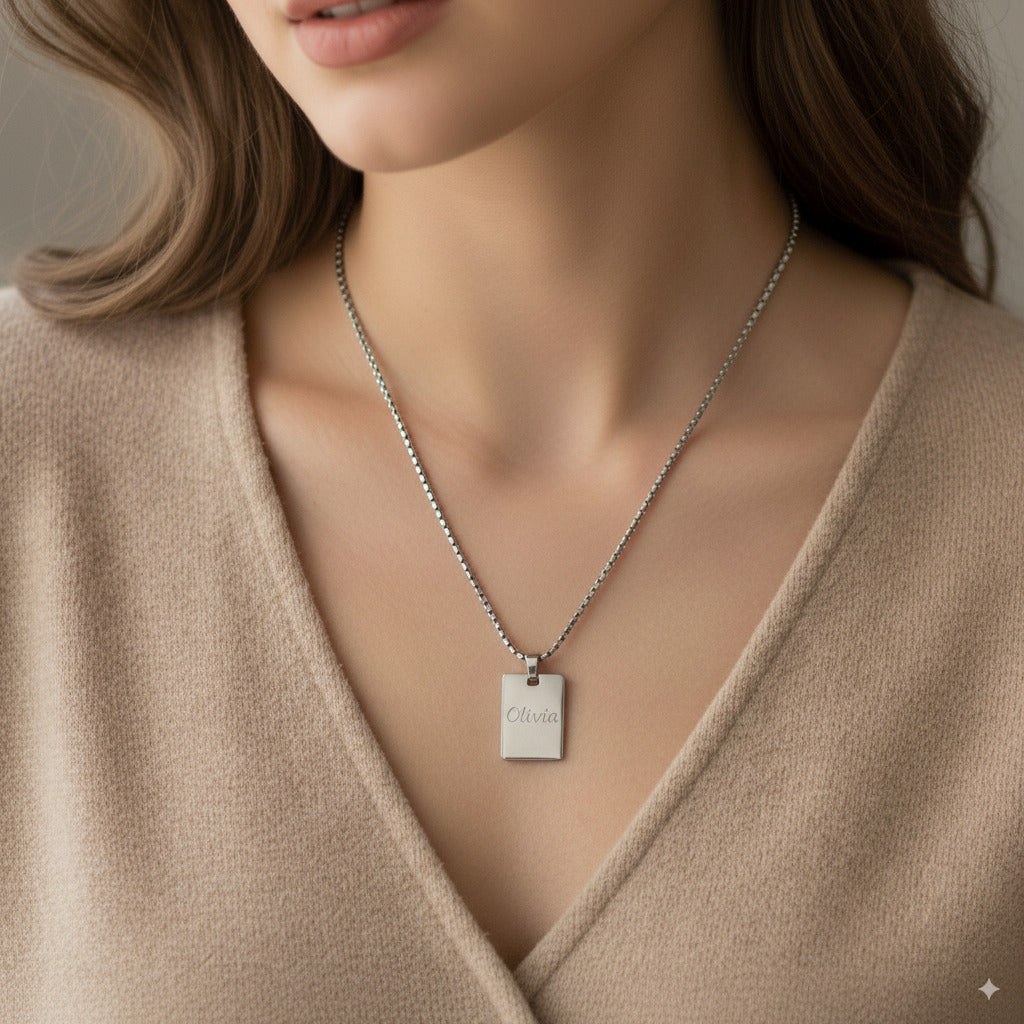 PEACORA Sleek Silver Rectangle Tag Pendant Necklace
