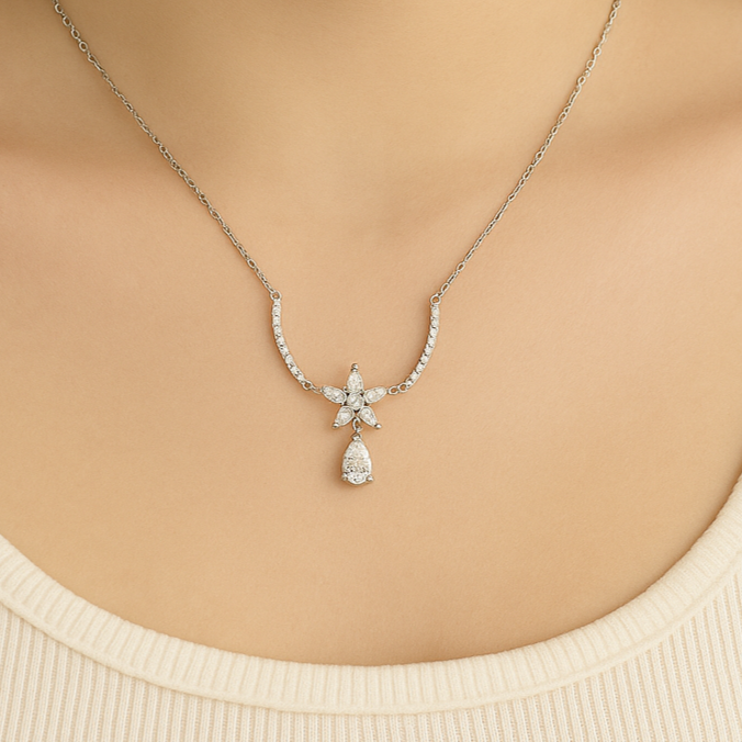 Floral Crystal Drop Pendant Necklace - PEACORA