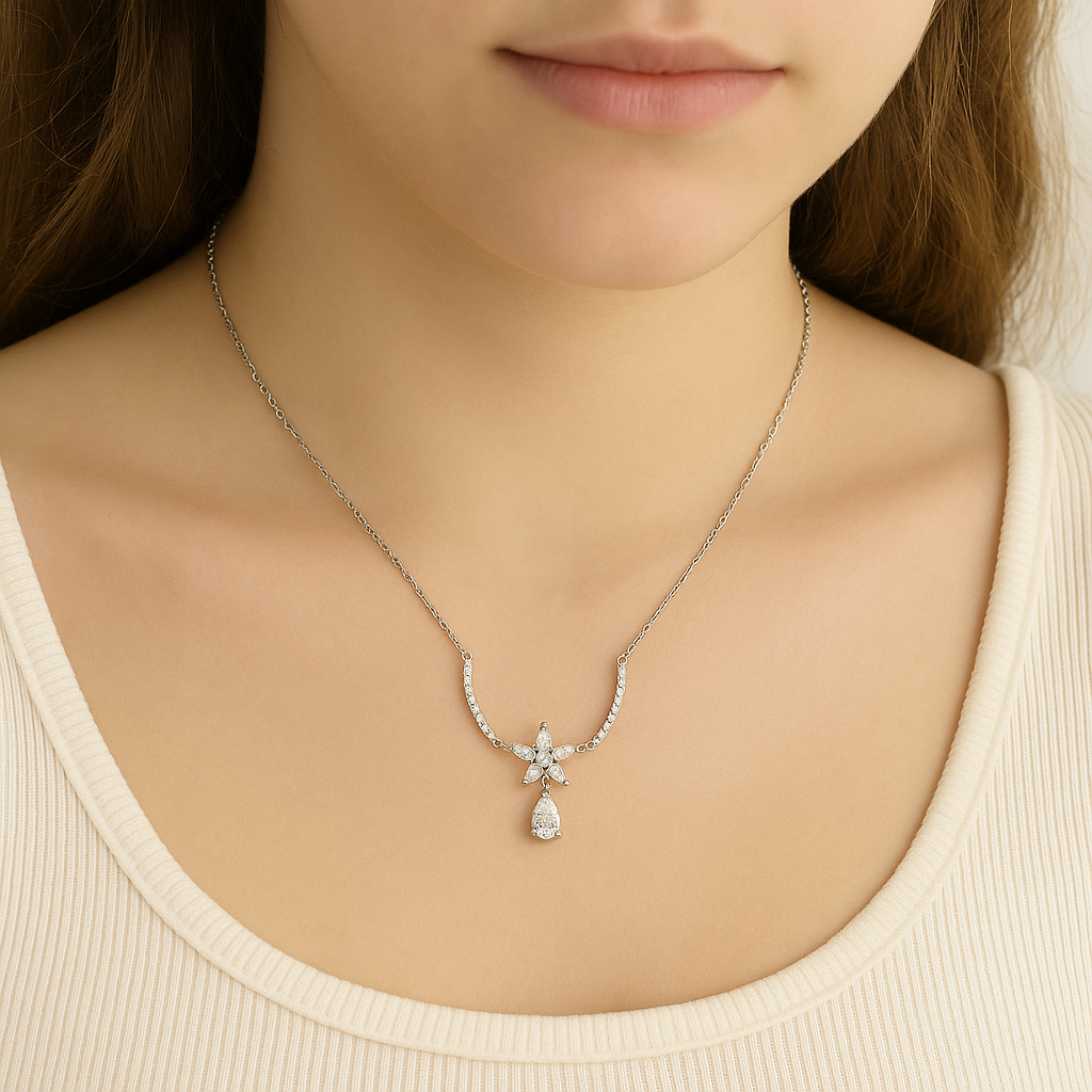 Floral Crystal Drop Pendant Necklace - PEACORA