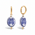 Stainless Steel Hoop Earrings with Blue Floral Charm – Gold Finish - PEACORA