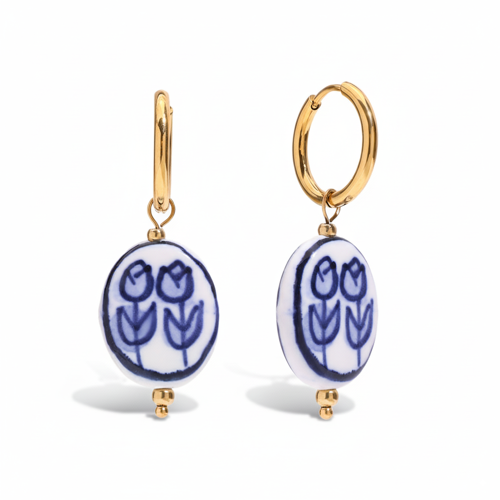 Stainless Steel Hoop Earrings with Blue Floral Charm – Gold Finish - PEACORA