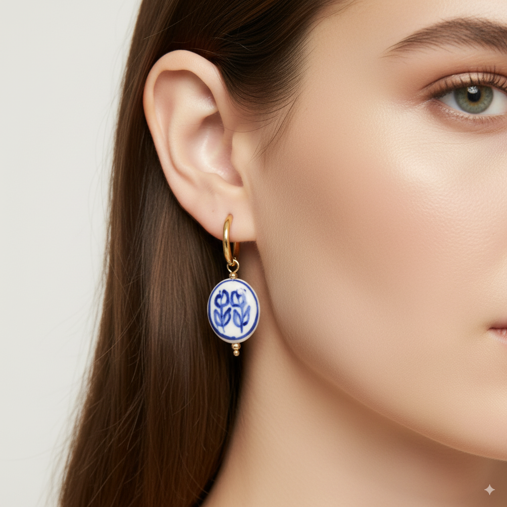 Stainless Steel Hoop Earrings with Blue Floral Charm – Gold Finish - PEACORA