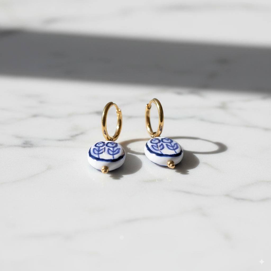 Stainless Steel Hoop Earrings with Blue Floral Charm – Gold Finish - PEACORA