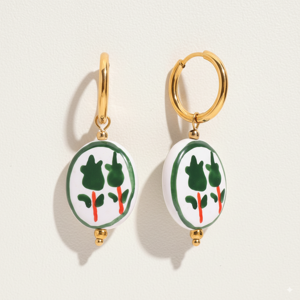 Stainless Steel Hoop Earrings with Blue Floral Charm – Gold Finish - PEACORA