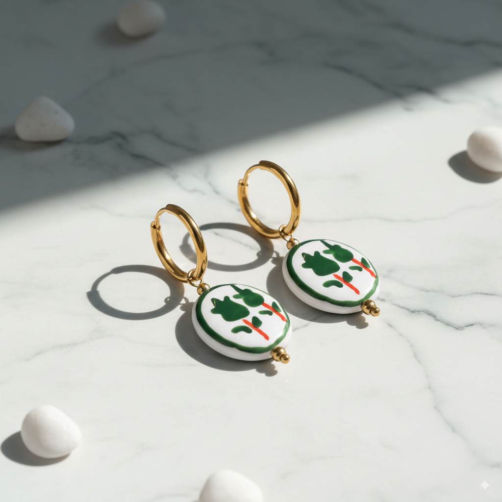 Stainless Steel Hoop Earrings with Blue Floral Charm – Gold Finish - PEACORA