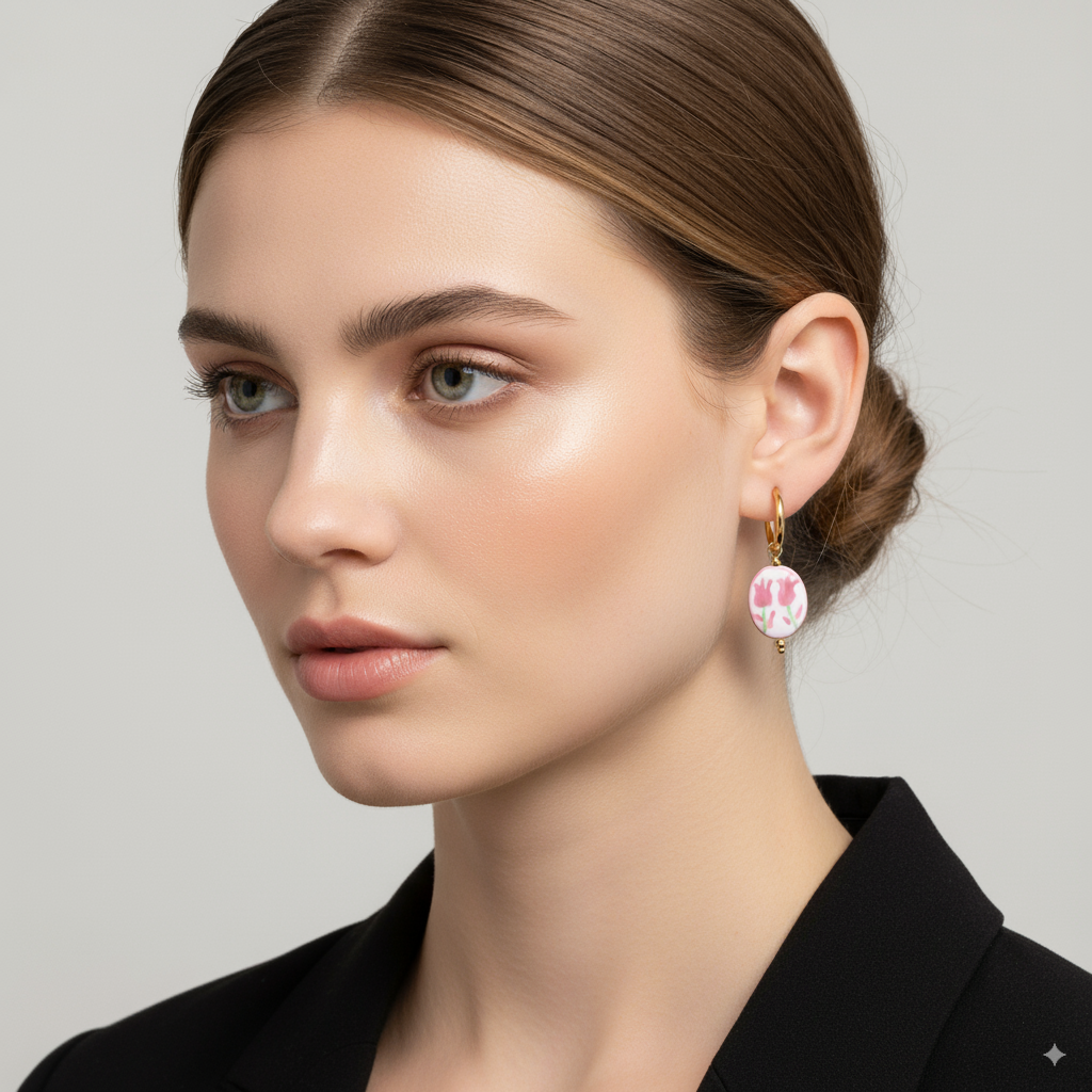 Stainless Steel Hoop Earrings with Blue Floral Charm – Gold Finish - PEACORA