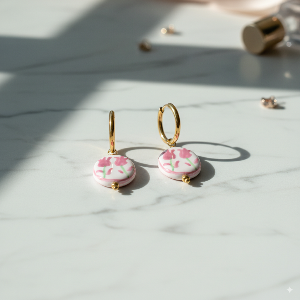 Stainless Steel Hoop Earrings with Blue Floral Charm – Gold Finish - PEACORA