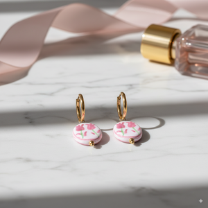 Stainless Steel Hoop Earrings with Blue Floral Charm – Gold Finish - PEACORA