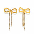 Gold Bow Earrings with Crystal Tassel Drops 