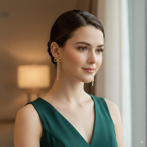 Gold Bow Earrings with Crystal Tassel Drops 