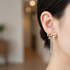 Gold Bow Earrings with Crystal Tassel Drops 
