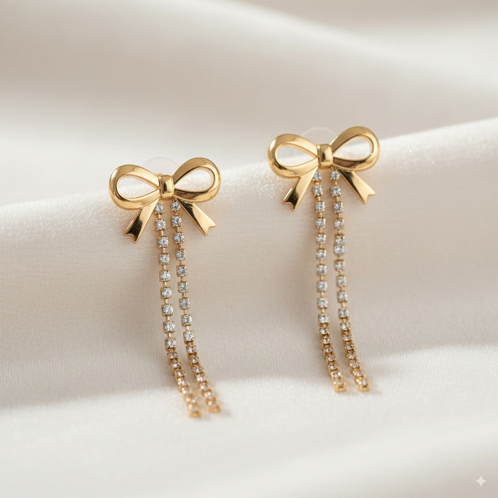 Gold Bow Earrings with Crystal Tassel Drops 