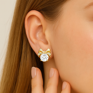 Golden Bow Knot Crystal Clip On Earrings - PEACORA