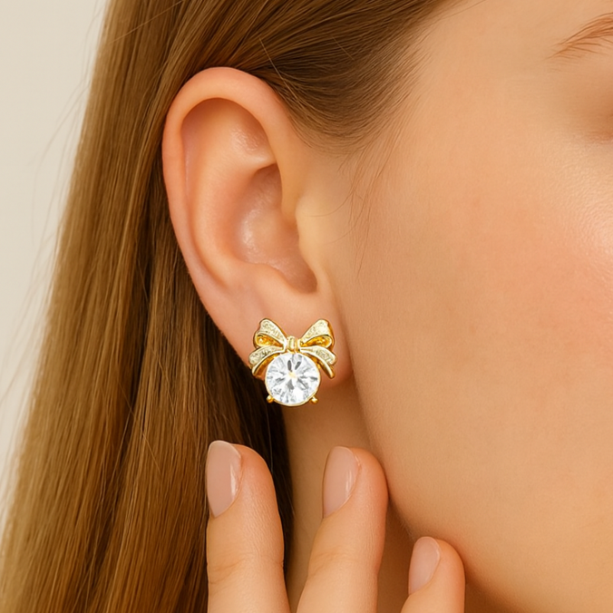 Golden Bow Knot Crystal Clip On Earrings - PEACORA