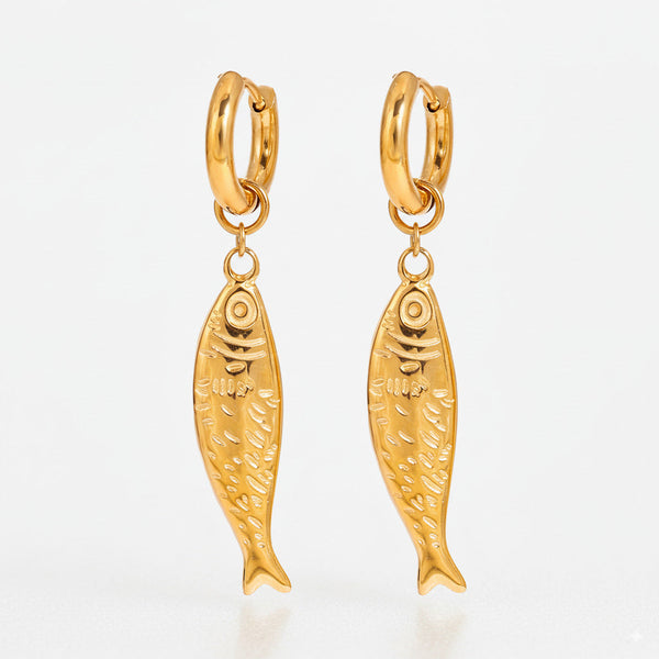 Gold Fish Charm Drop Earrings 