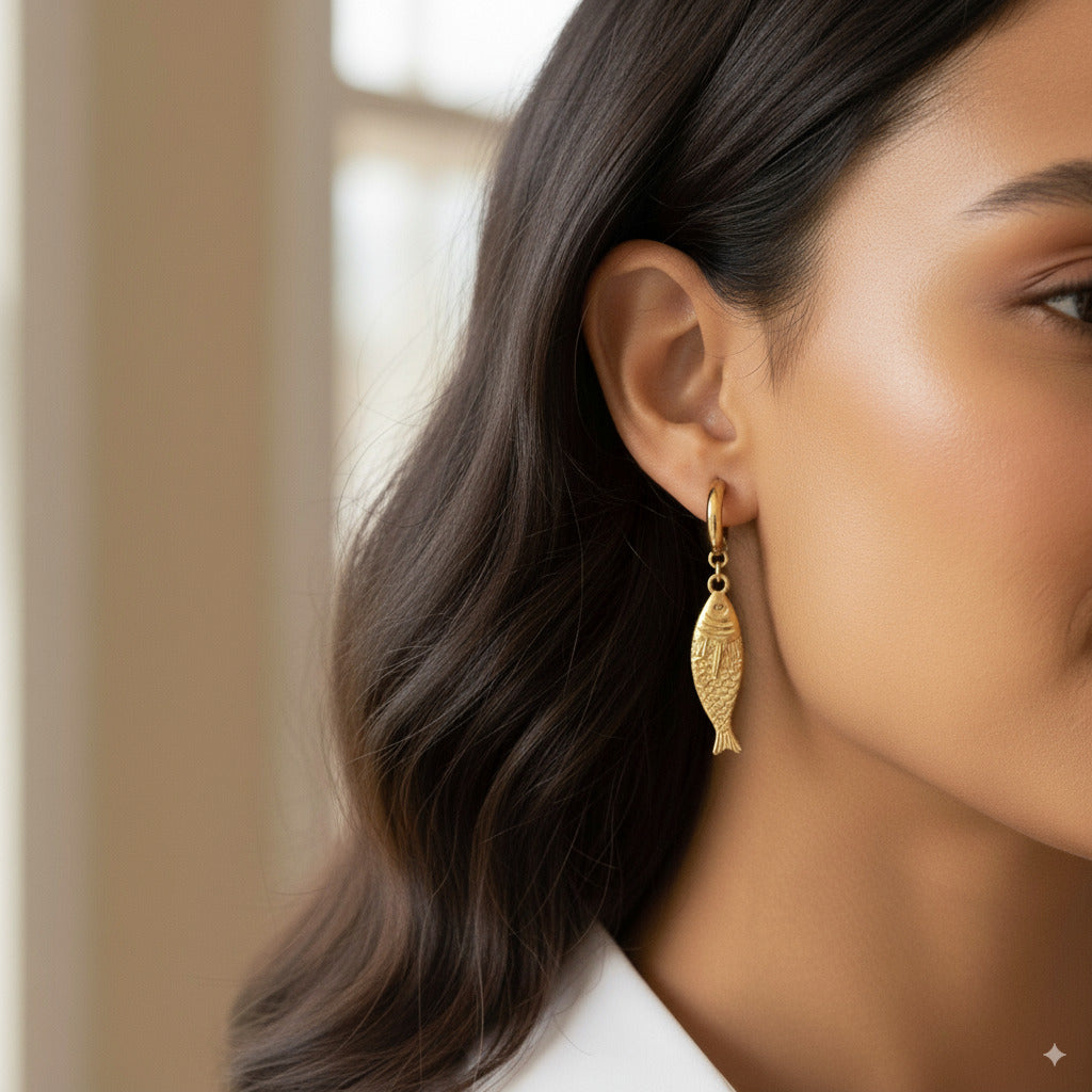 Gold Fish Charm Drop Earrings 