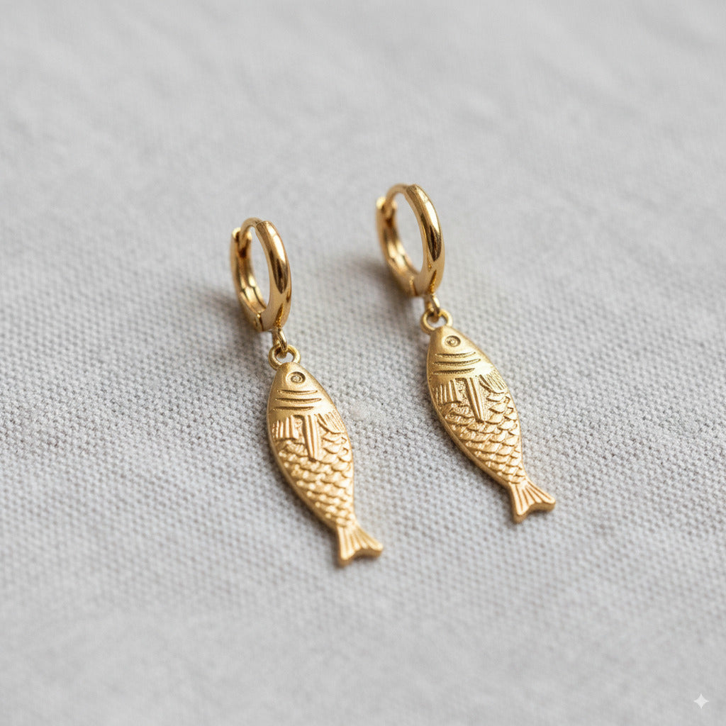 Gold Fish Charm Drop Earrings 