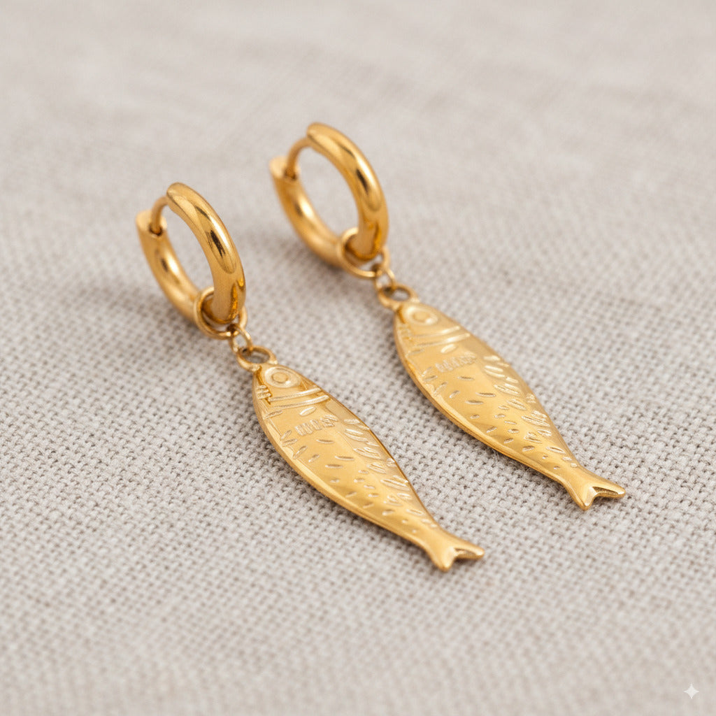 Gold Fish Charm Drop Earrings 
