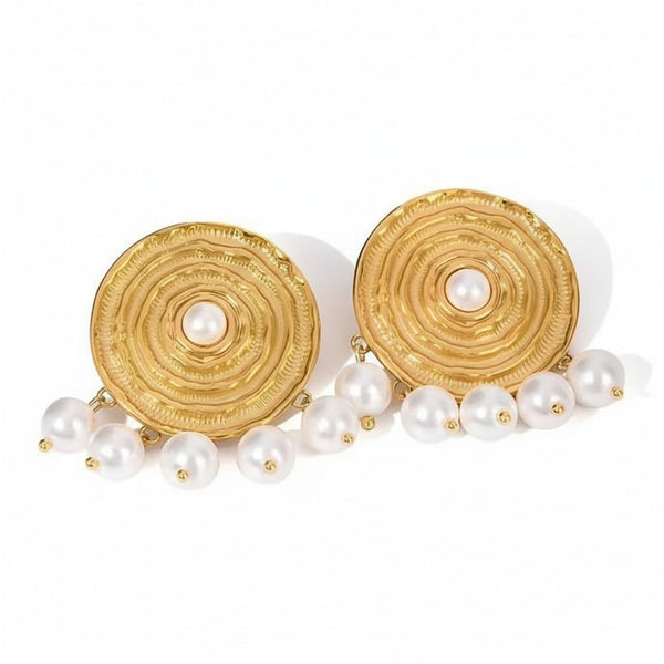 Gold Round Textured Earrings with Pearl Drops 