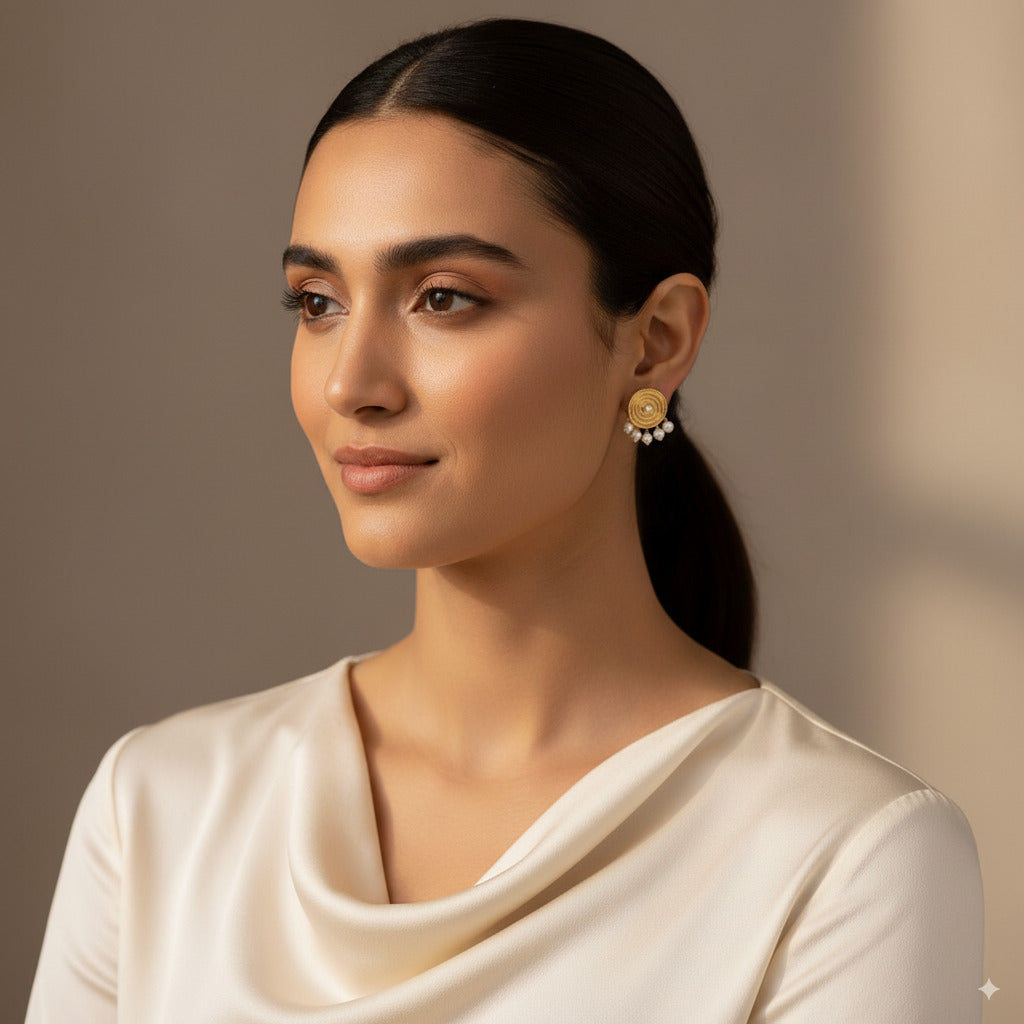 Gold Round Textured Earrings with Pearl Drops 